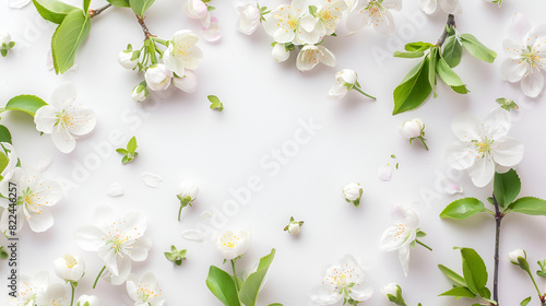 frame workspace with green leaves and narcissus of chamomiles, chrysanthemum isolated on white background. lay flat,An arrangement of promising petals frames a clean white space © Shanza