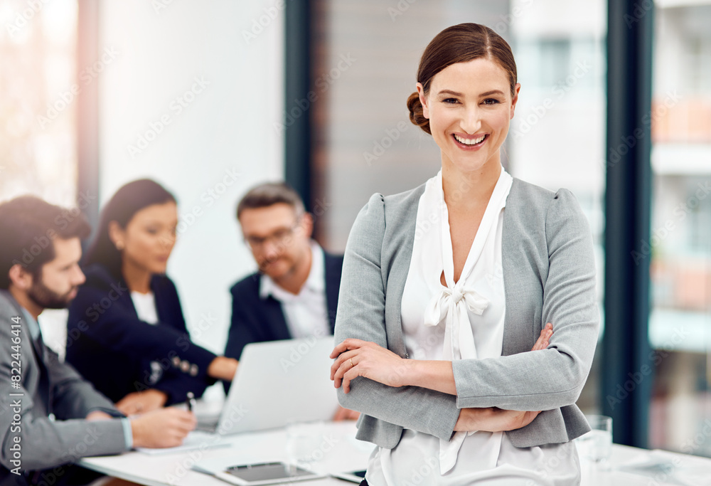 Office, conference and portrait of woman with arms crossed for investment, consultation and teamwork. Happy, financial advisor and pride in career with workshop for budget, report or business meeting Office, conference and portrait of woman with arms crossed for investment, consultation and teamwork. Happy, financial advisor and pride in career with workshop for budget, report or business meeting