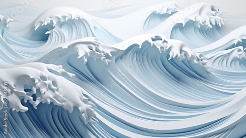 Beautiful abstract 3D rendering of ocean waves in light blue and white tones, showcasing intricate details and dynamic motion.