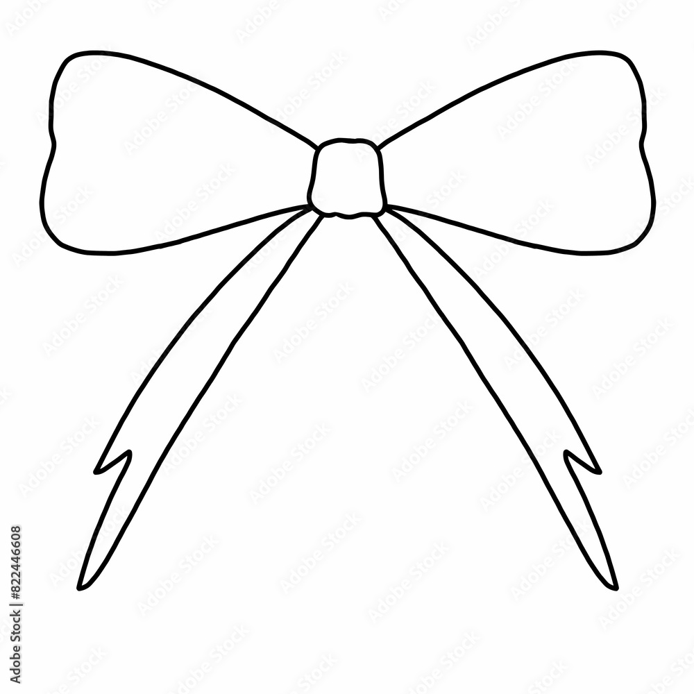 Fototapeta premium Illustration of a bow in black outline. Decorative cartoon flat element for coloring or decoration. Simple ribbon tied knot into a bow. Beautiful. Fashion. Gift. Valentine.