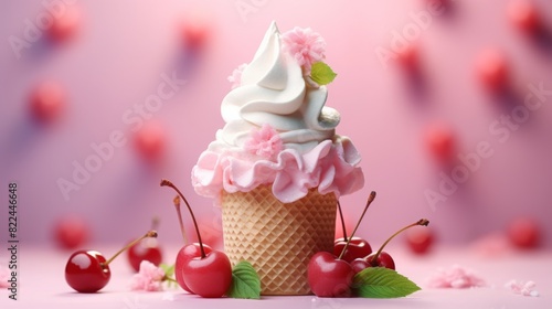 Delicious soft serve ice cream in a cone with cherries and pink decorations, against a pink background, perfect for dessert and summer themes.