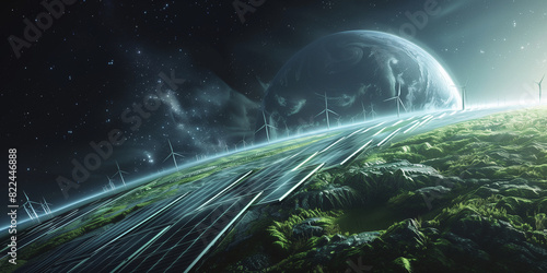 a futuristic vision of Earth, where vast fields of solar panels and wind turbines are seamlessly integrated into lush, green landscapes. The planet floats majestically against the