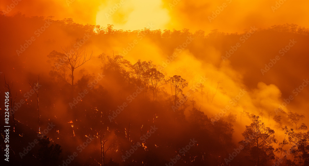 Naklejka premium Forest fire. Disaster, large-scale forest fires. Ecology concept. Environmental pollution. Aerial view. 