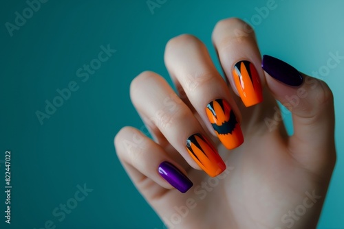 A Woman's Hand With Her Long Nails Painted In Halloween Theme Halloween Nail Art Nail Salon