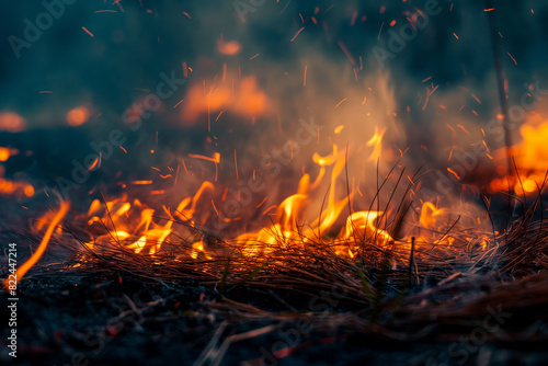 Burning peat bogs. Burning grass close up. Forest fire. Disaster, large-scale forest fires. Ecology concept. Environmental pollution. photo