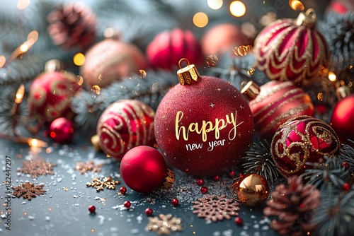 Fancy golden and red new year background with ornaments. Greeting card mockup with   happy new year   text