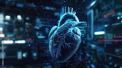 3D visualization of a human heart affected by a fictional virus in neon blue, emphasizing details in a hightech environment