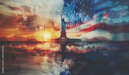 Double exposure of the American flag and the Statue of Liberty with vibrant fireworks in the background, symbolizing patriotism and celebration on the 4th of July. photo