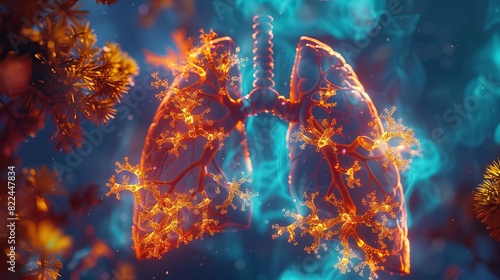 A 3D visualization of human lungs with areas affected by a virus highlighted in neon orange