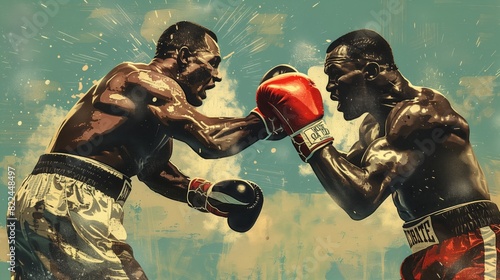 Two men in boxing stance on blue and green background