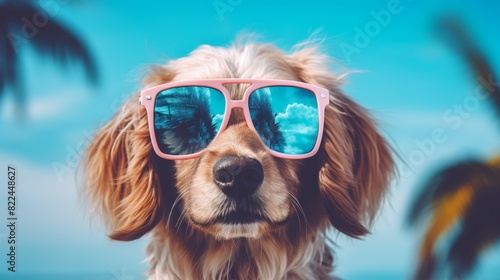 Adorable dog wearing pink sunglasses enjoying a sunny day at the beach with palm trees in the background, blue sky reflecting in glasses.