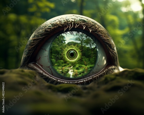 A surreal image of an eye with a forest reflection, symbolizing the connection between vision and nature's beauty.