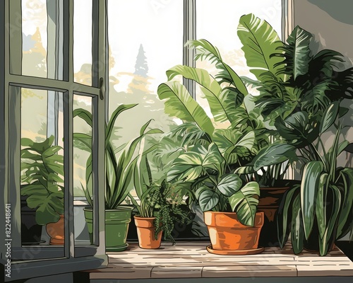 A sunlit room filled with vibrant potted plants, creating a peaceful and refreshing indoor garden atmosphere.