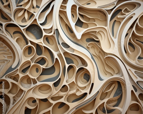 Abstract 3D paper sculpture, intricate layers forming a complex, artistic pattern in neutral tones, ideal for background design or art projects.