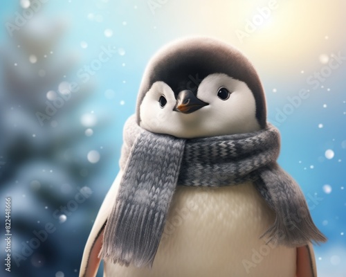 Adorable penguin wearing a cozy scarf in a snowy winter landscape, exuding warmth and charm amidst the cold season.