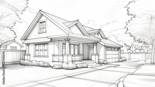 Architectural sketch of a suburban house showcasing exterior design details and landscape with a driveway in a serene neighborhood.