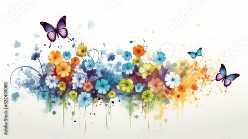 Vibrant watercolor floral arrangement with butterflies against a white background, showcasing vivid colors and artistic design.