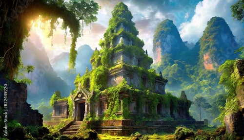 An ancient temple overgrown with vines and trees  set against a backdrop of towering natural mountains.