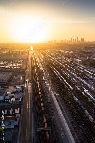 4K Ultra HD Image: Aerial Shot of Intermodal Train and Trucking Distribution Yard in Vernon, California