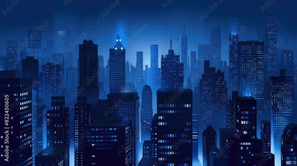 Abstract background with illuminated skyscrapers on a dark blue, white and black color palette,