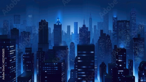 Abstract background with illuminated skyscrapers on a dark blue, white and black color palette, photo
