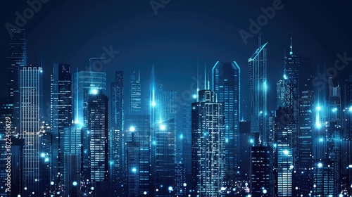 Abstract background with illuminated skyscrapers on a dark blue  white and black color palette 