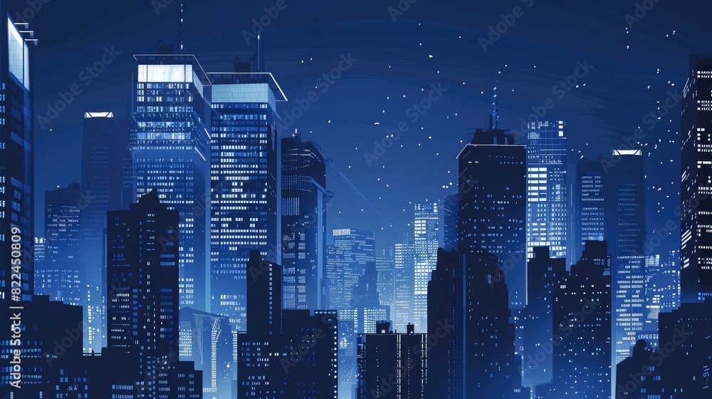 Abstract background with illuminated skyscrapers on a dark blue, white and black color palette,