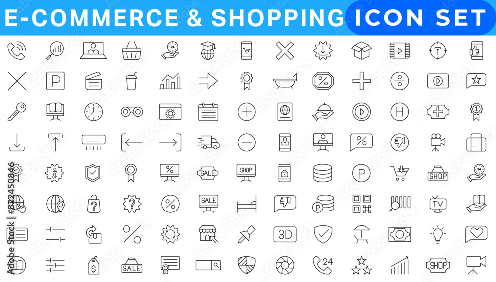E-commerce icon set. Online shopping and delivery elements. E-business symbol. Solid icons vector collection E-commerce icon set. Online shopping and delivery elements. E-business symbol. Solid icons vector collection