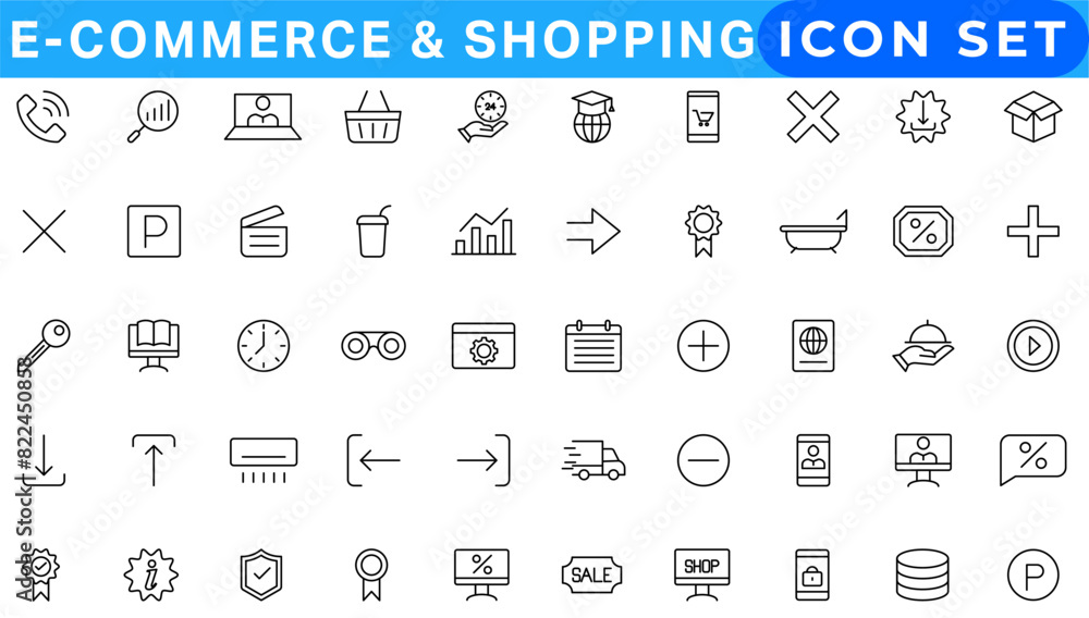 E-commerce icon set. Online shopping and delivery elements. E-business symbol. Solid icons vector collection E-commerce icon set. Online shopping and delivery elements. E-business symbol. Solid icons vector collection