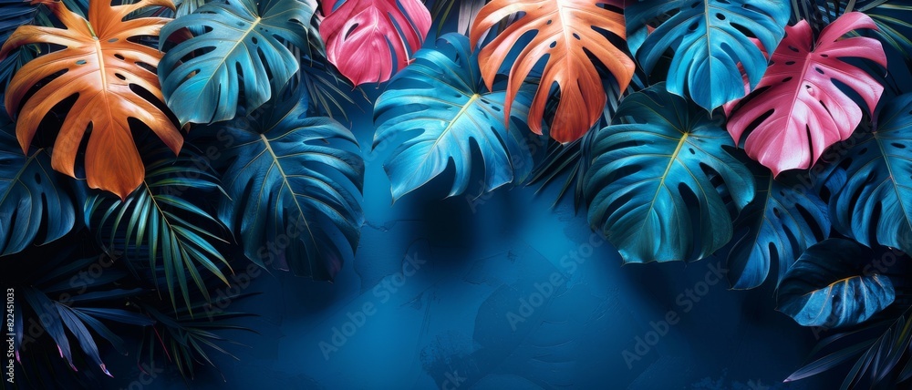 Naklejka premium Vibrant tropical monstera leaves, illuminated against a dark blue background, creating a lush and colorful botanical composition.