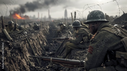 World war first. Soldiers are in trenches. Beautiful illustration picture. Generative AI photo