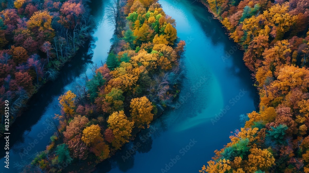 Obraz premium A beautiful, colorful, and winding river with trees on both sides