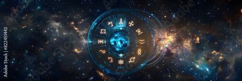 Glowing Zodiac Wheel in a Starry Sky: A Mystic Astrological Journey photo