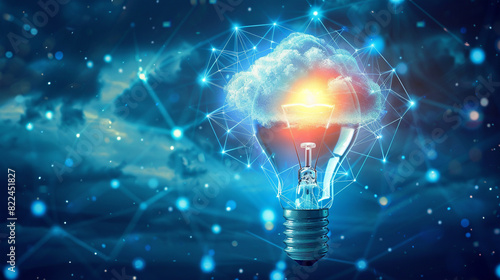 A light bulb glowing brightly with a cloud image at its center symbolizing the innovation and scalability offered by cloud computing. photo