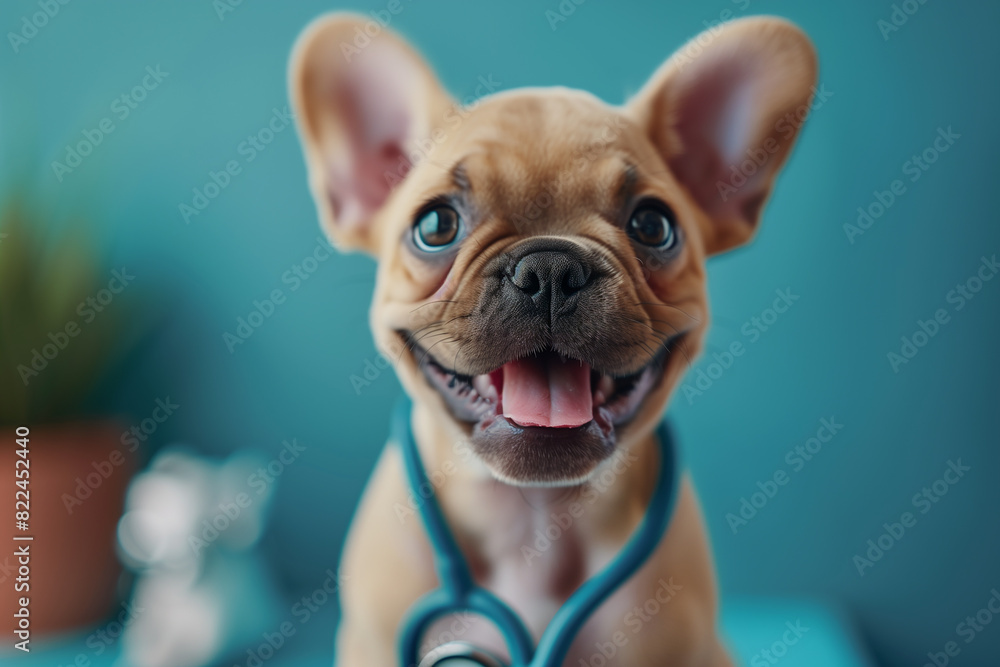 Puppy dog and stethoscope isolated on blue background. Little dog on reception at veterinary doctor in vet clinic. Pet health care, animals concept, with copy space, 3d render