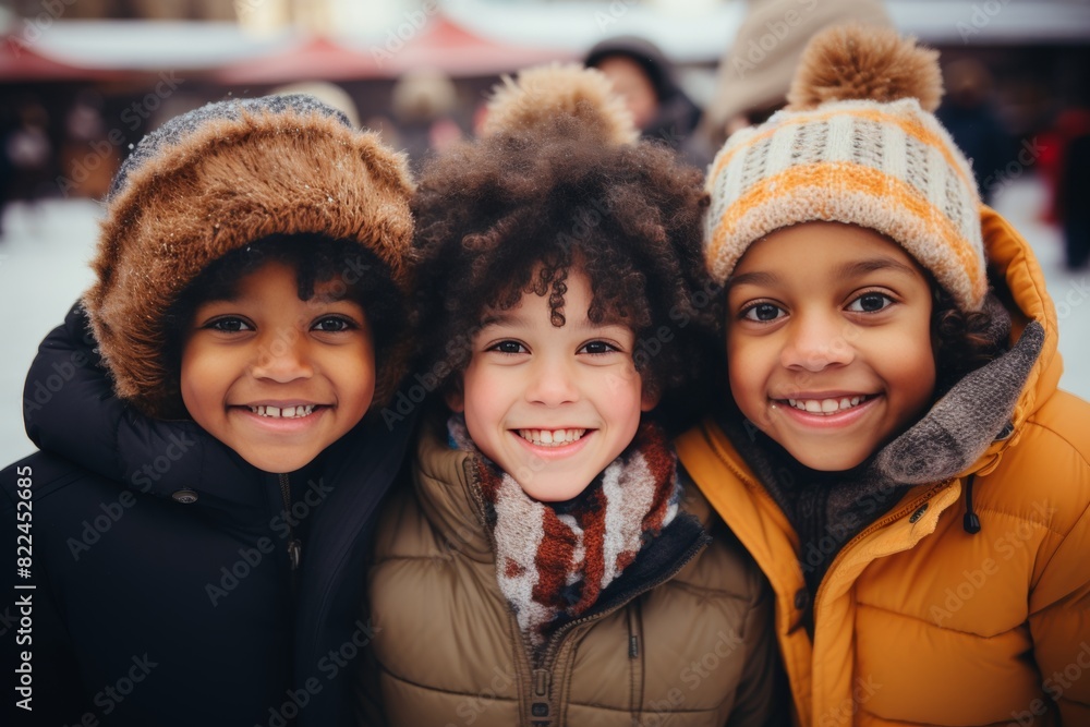 Excited multiracial kids laughing and skating joyfully together on a colorful outdoor ice rink