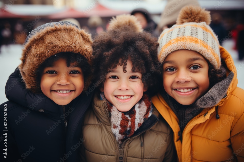Excited multiracial kids laughing and skating joyfully together on a colorful outdoor ice rink Excited multiracial kids laughing and skating joyfully together on a colorful outdoor ice rink