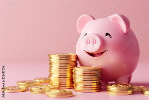 Smiling pink pig piggy bank next to a stack of gold coins, isolated on pink background. Investment success, savings concept, 3d render