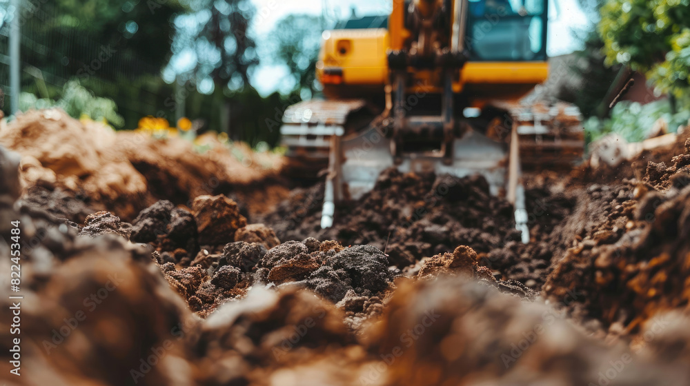 Fototapeta premium Close-Up of Crawler Backhoe on Soil