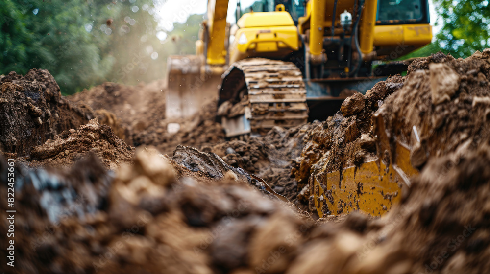 Fototapeta premium Close-Up of Crawler Backhoe on Soil