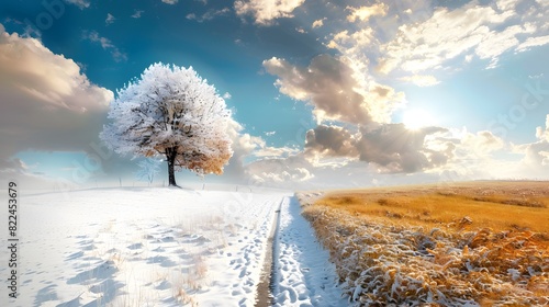 Dramatic seasonal transformation summer to winter landscape comparison climate change concept photo