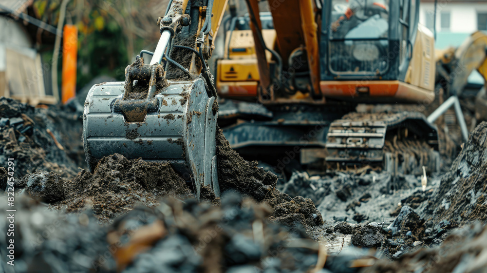 Fototapeta premium Close-Up of Crawler Backhoe on Soil