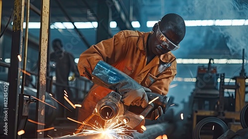 African man worker working cutting steel pipes For use in specific tasks with intention in the steel factory photo
