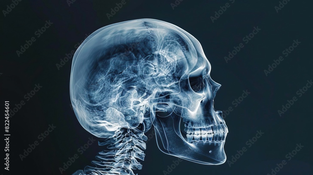 A clear Xray image of a human skull, focusing on the cranial structure against a dark background to bring out the fine bone details A clear Xray image of a human skull, focusing on the cranial structure against a dark background to bring out the fine bone details