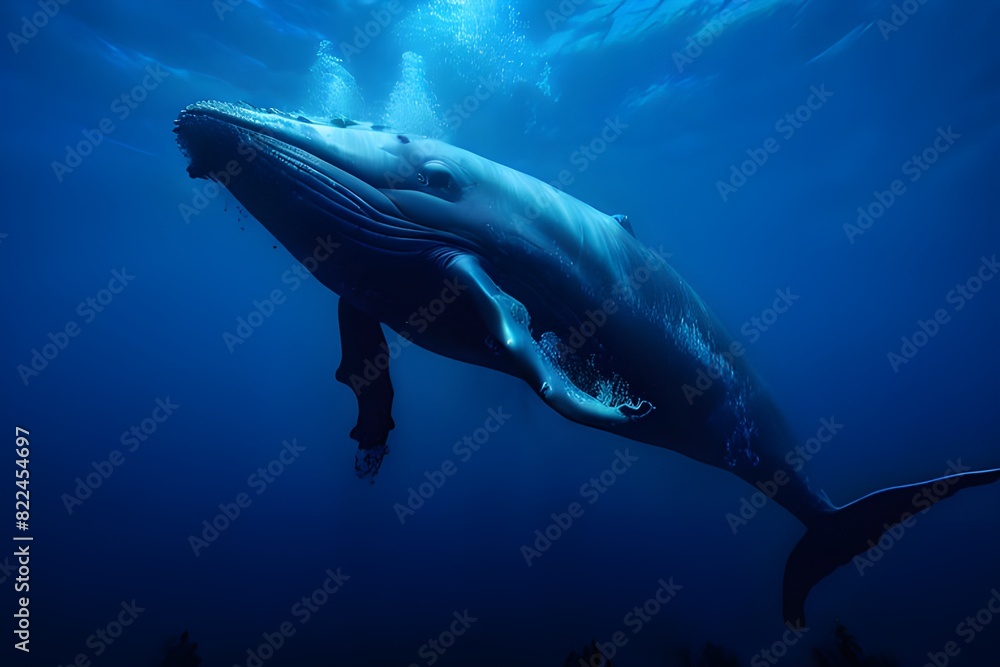 Fototapeta premium A humpback whale gracefully swimming in the ocean, majestic marine mammal in its natural habitat. Blue sea background.