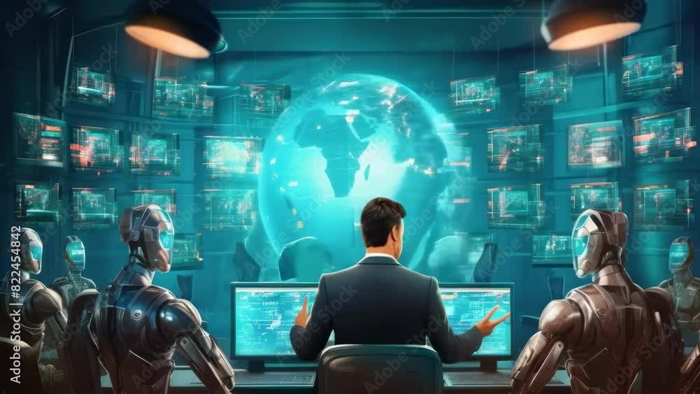 A man in a control room monitors multiple screens with robots. Concepts ...