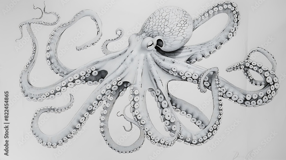 Obraz premium ocean, octopus, animal, vector, sea, graphic, outline, underwater, drawing, vignetting, art, illustration, isolated, white, black, design, line, tentacle, marin, aquatic, children, doodle, wildlife, c