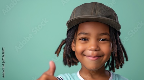 A young boy with dreadlocks wearing a hat and giving a thumbs up, smiling confidently against a green background.