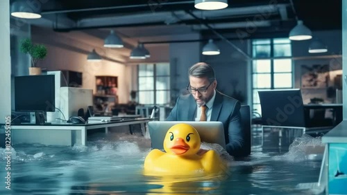 A businessman works on a laptop while floating in an office filled with water, alongside a large rubber duck, symbolizing workplace stress, chaos, and humor. photo