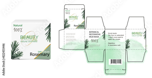 Design of the cosmetic packaging template. Cut. Cosmetic cream mask with rosemary in a closed box. Realistic 3D model.